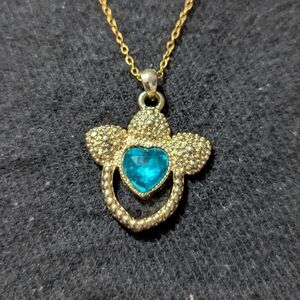 Vintage Gold Tone Teal Blue Heart Pendant Statement Necklace